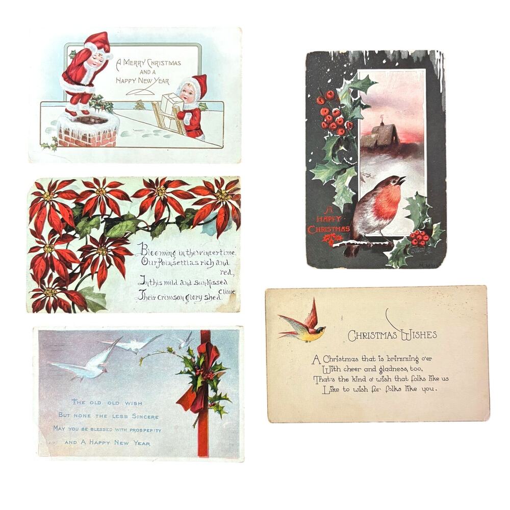 Antique Christmas Holiday Postcards Lot of 5 Early 1900s Children Birds Vintage